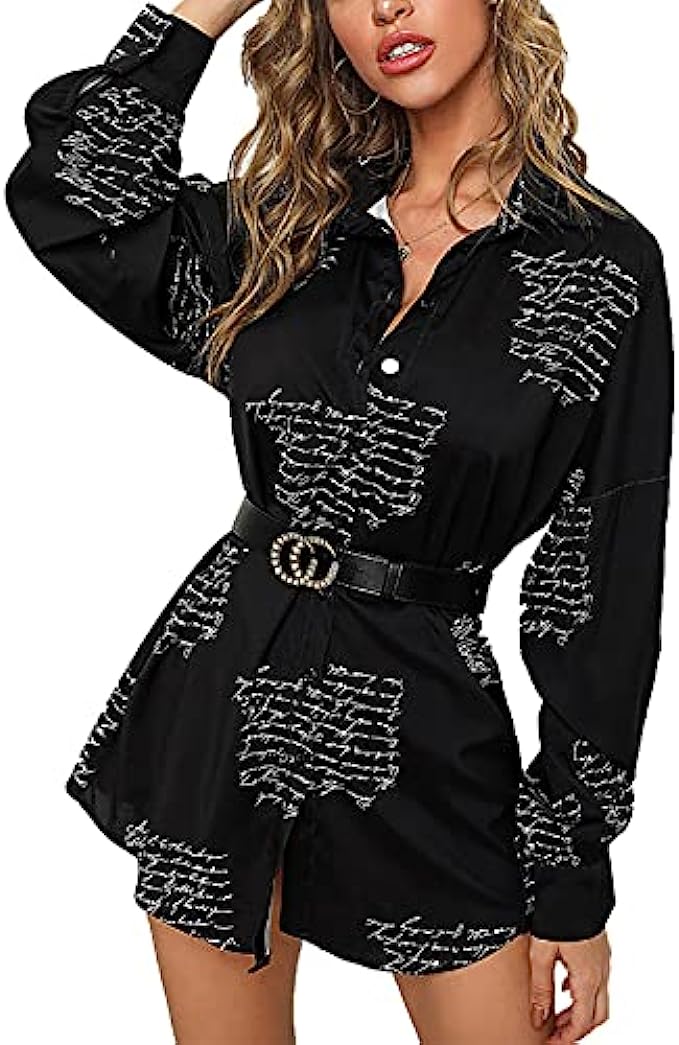 Shirt Dresses for Women Sexy Tops Button Down Shirts Dress Colorful Collar Blouses Long Sleeve Floral Print Loose T-Shirt