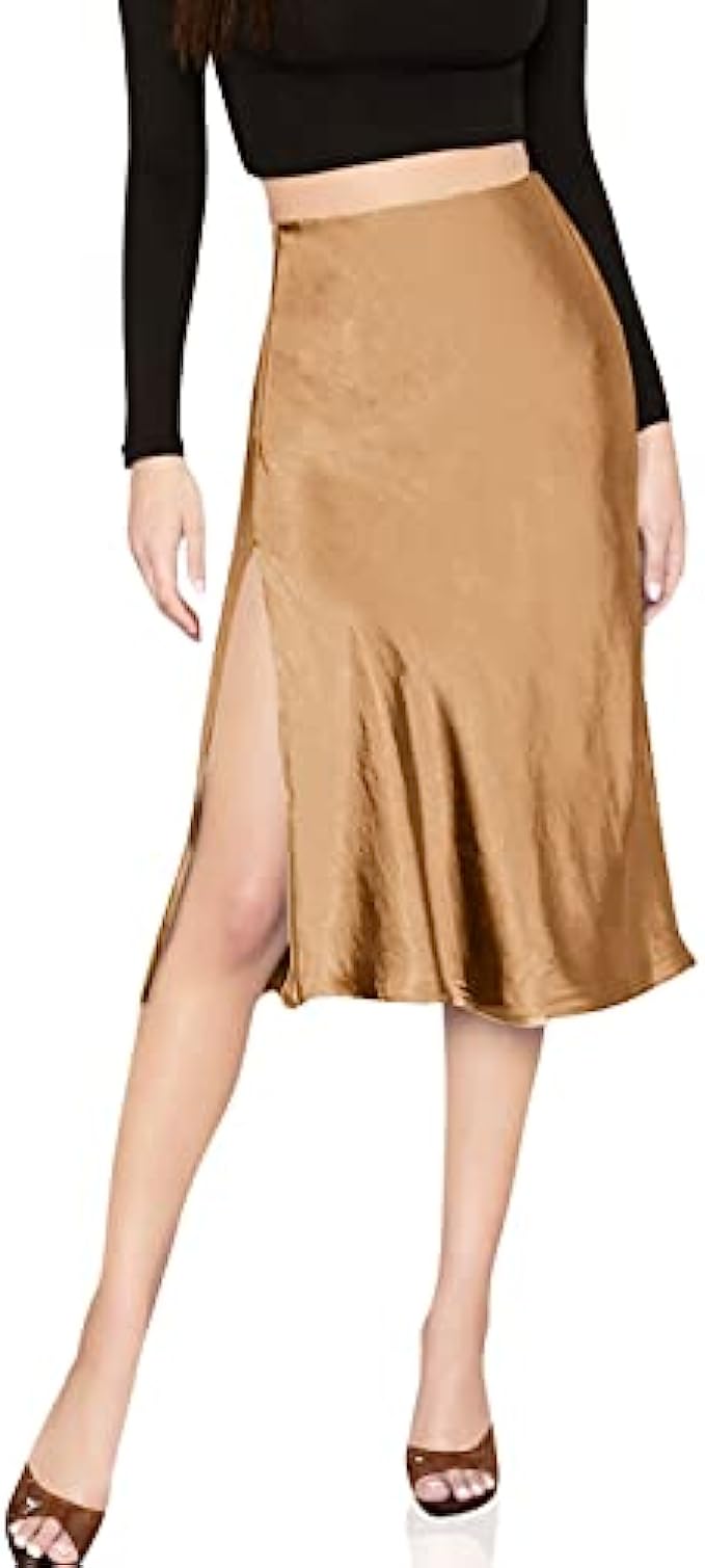 SheIn Women&#039;s Party Sexy Satin Split Side Basic Zipper Mid Waist Midi Skirt