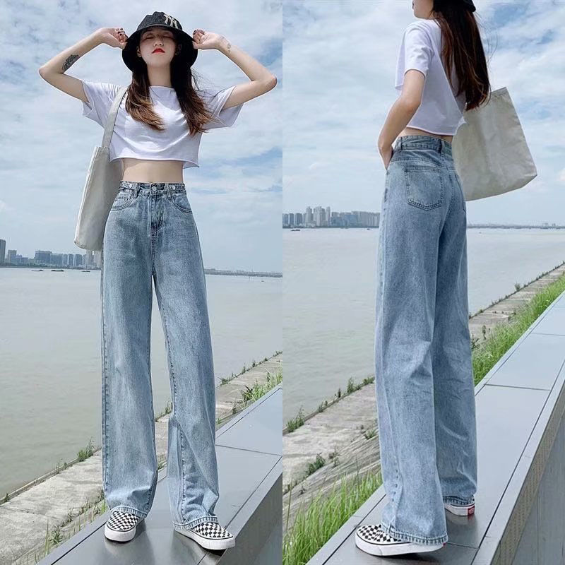 [OOTD wholesale] XS-2XL recommended by the store manager! Preferred high-waisted wide-leg jeans Women&#039;s plus size slimming loose floor-length trousers Adjustable trousers design High-waisted deni