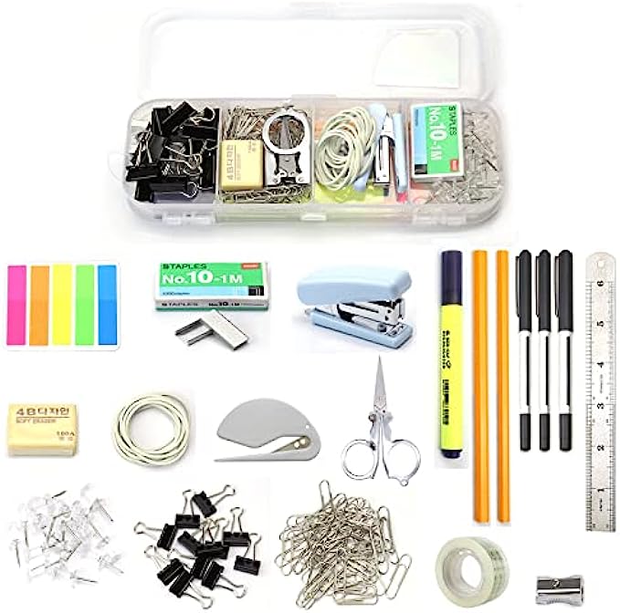 Ashfield 136 Pcs Office Supplies Set with Desk Organizer, Office kit ,Desk Accessories Set with Staple, Sharpener, Scissors,Paper Clip , Binder Clips,Push Pin,Clear Tape, Letter Opener., black clear